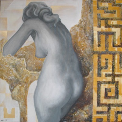 Acrylgemälde einer weiblichen Figur in Grau vor goldenen Strukturen, inspiriert von der Figur 
      Ariadne aus der griechischen Mythologie.